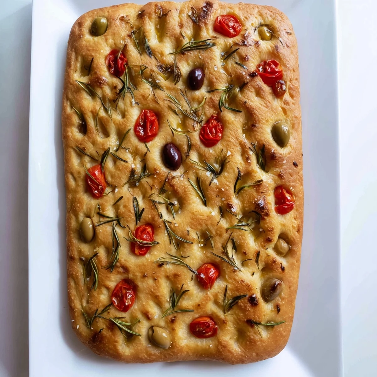 Golden homemade focaccia bread topped with rosemary and sea salt on a wooden board