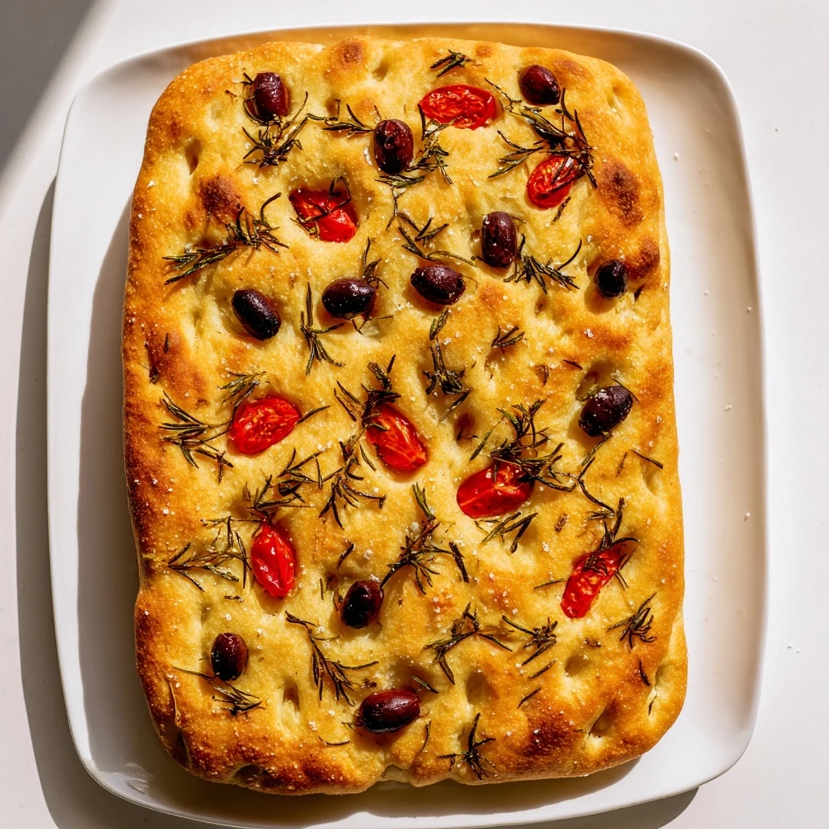 Soft focaccia with herb topping and olive oil drizzle, ready for slicing and serving
