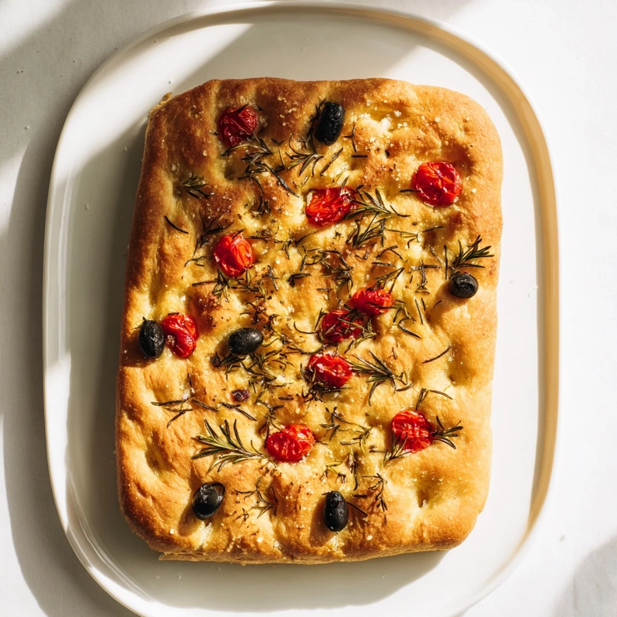 Italian focaccia flatbread with dimpled surface and olive oil glistening under kitchen lights