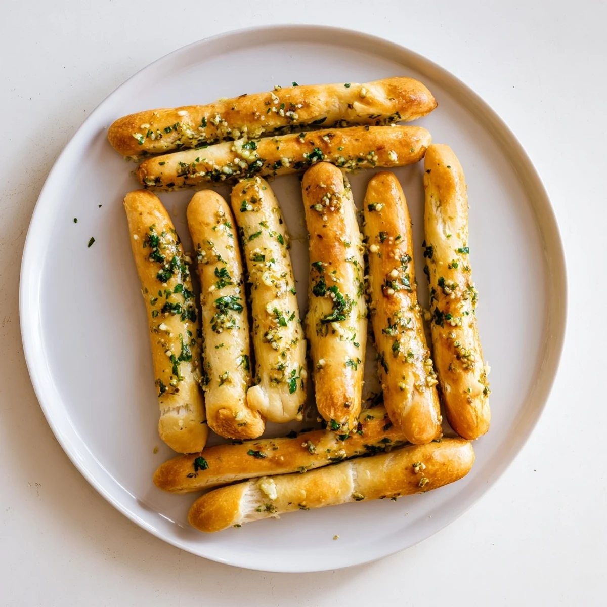 Golden homemade garlic breadsticks brushed with melted butter and fresh parsley on a white platter