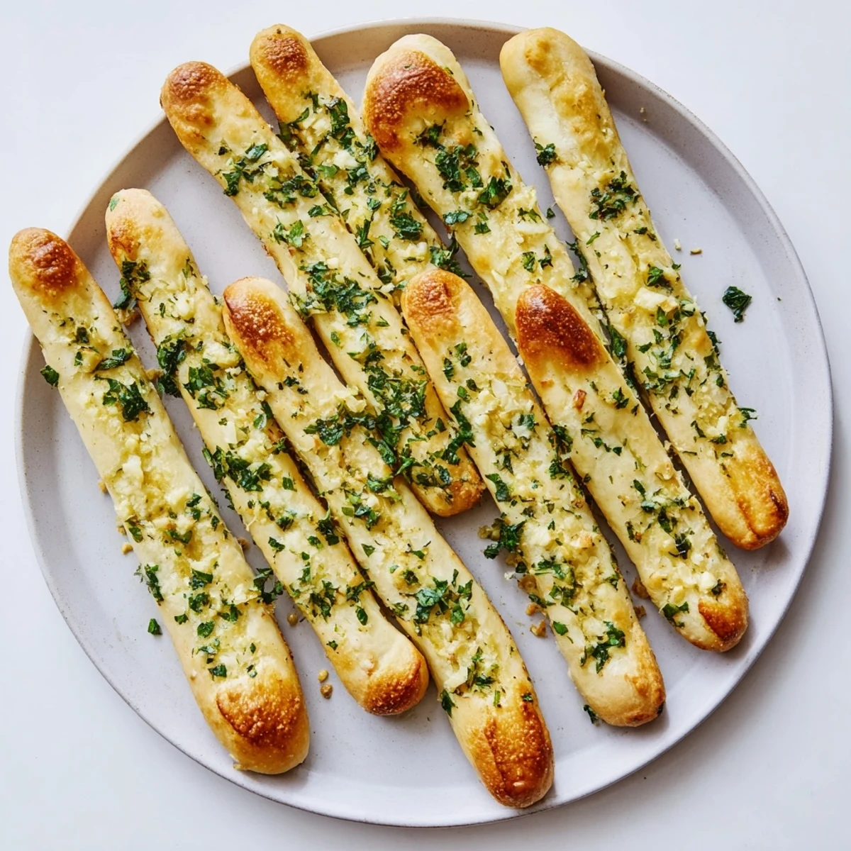 Freshly baked garlic breadsticks with herb butter coating, served alongside a bowl of tomato soup
