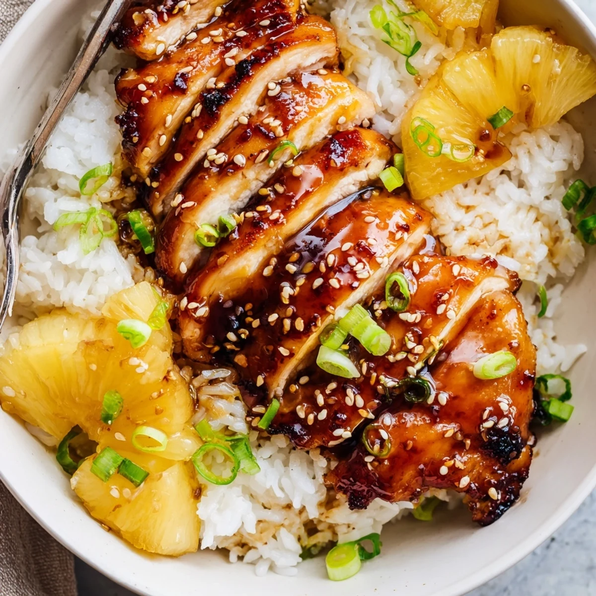 Hawaiian Chicken With Coconut Rice plated with juicy, caramelized chicken and pineapple garnish.
