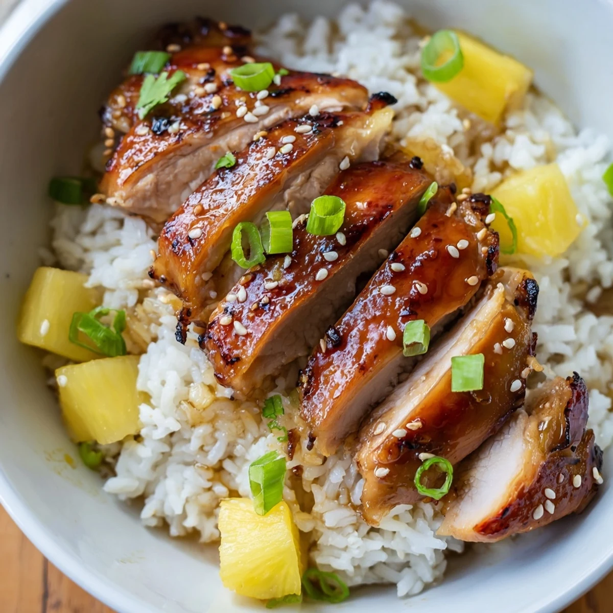 Grilled Hawaiian Chicken With Coconut Rice, smoky sear, served with diced pineapple and cilantro.