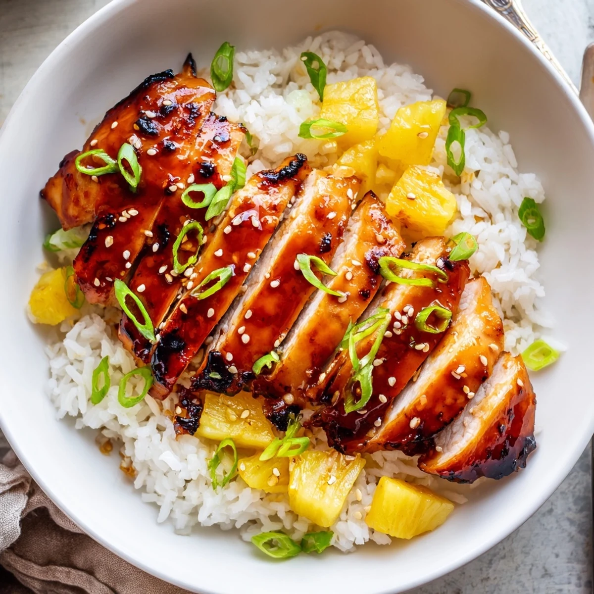 Hawaiian Chicken With Coconut Rice on fork-ready bed, fragrant rice, toasted sesame topping.