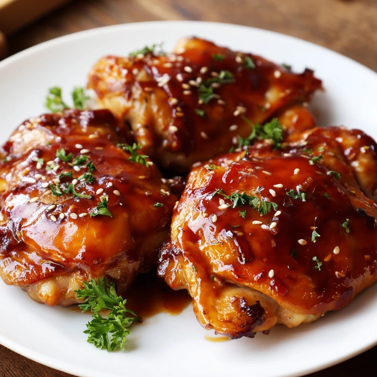 Slow-cooked Crockpot Honey Garlic Chicken with tender thighs, sesame and parsley garnish