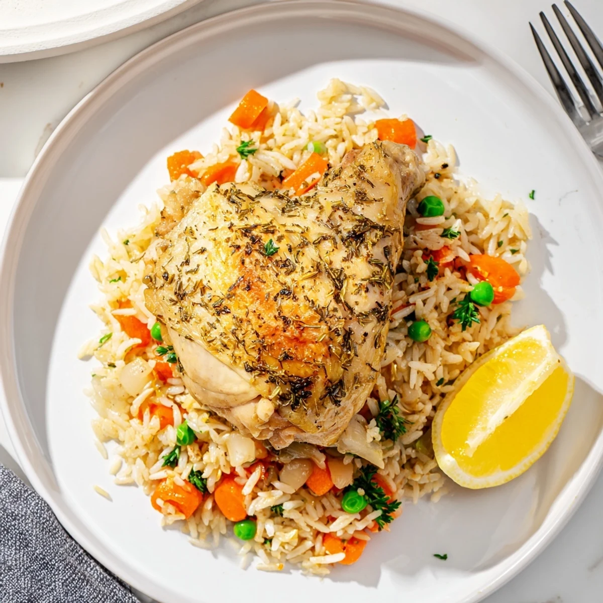 Slow Cooker Lemon Herb Chicken And Rice steaming with bright lemon wedges, parsley