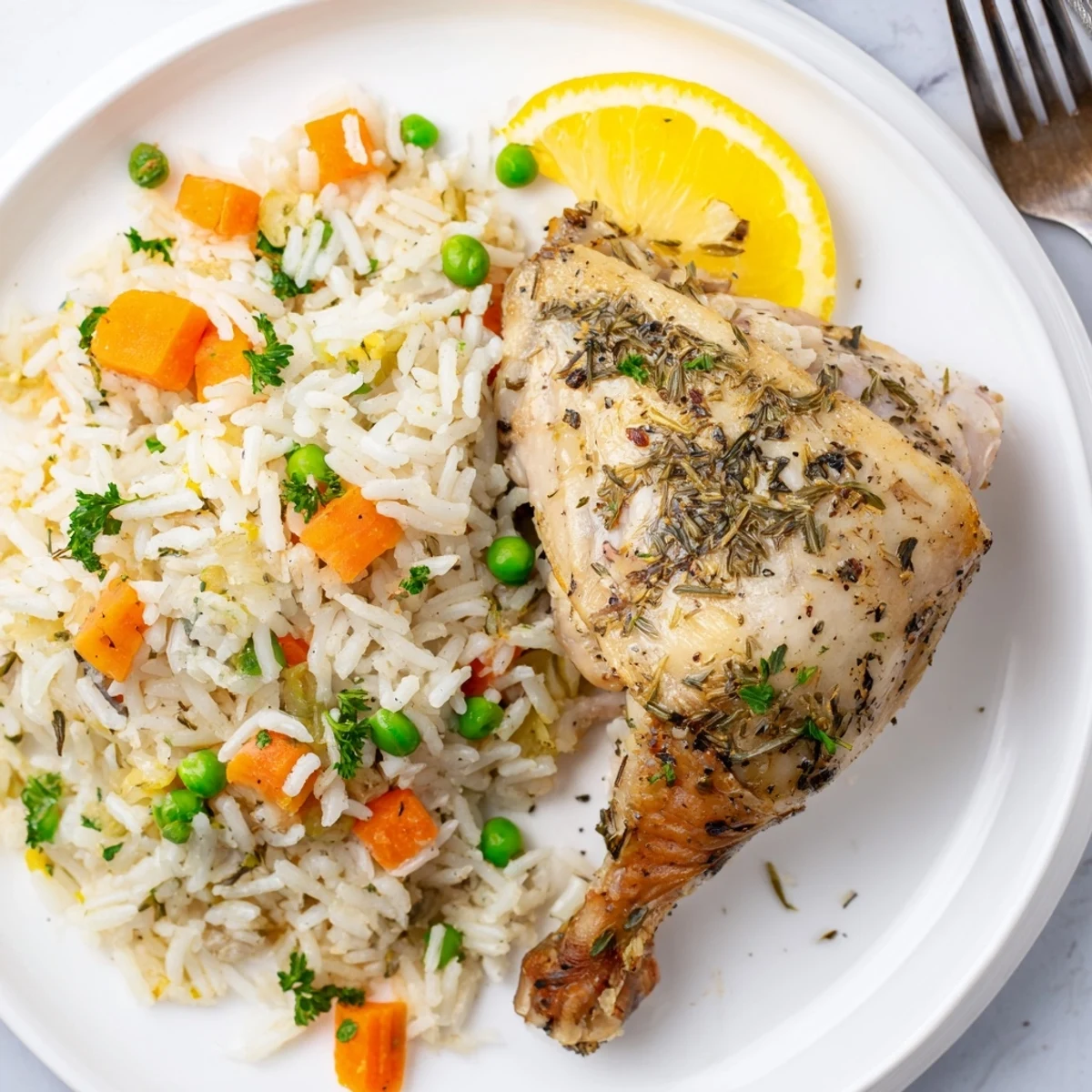 Slow Cooker Lemon Herb Chicken And Rice tender thighs resting atop fluffy rice
