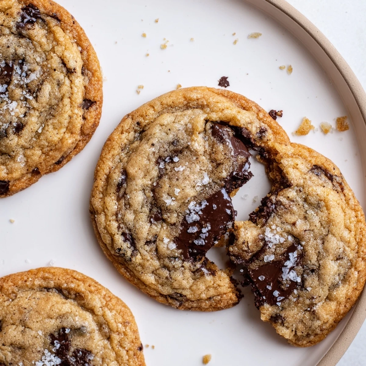 Warm Brown Butter Chocolate Chip Cookies Recipe on cooling rack, golden edges.