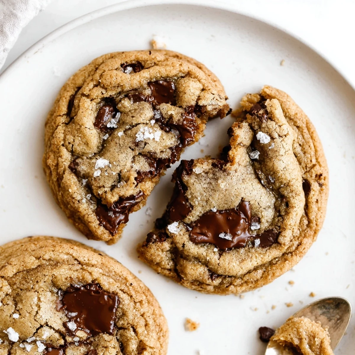 Plated Brown Butter Chocolate Chip Cookies Recipe with flaky sea salt, milk nearby.