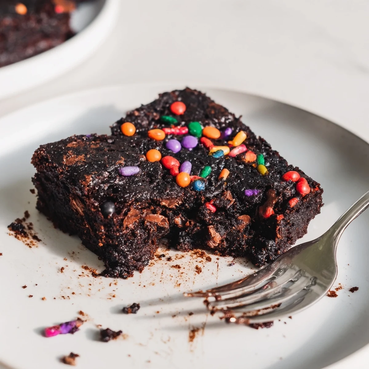 Sourdough Cosmic Chocolate Brownies rich and fudgy, topped with rainbow sprinkles  