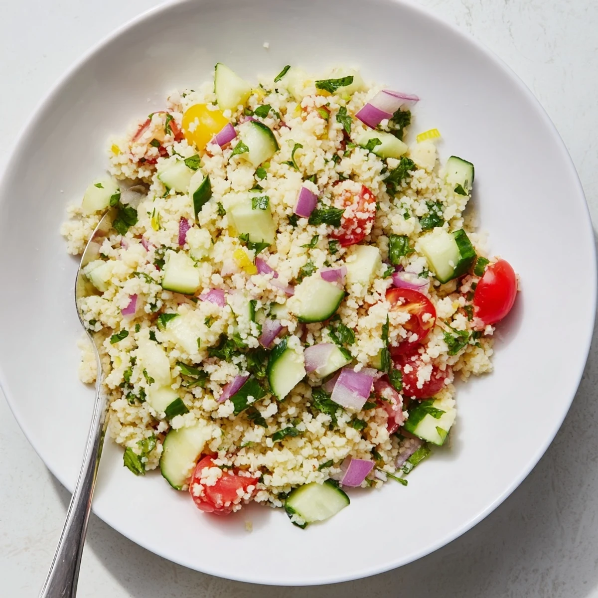 Cucumber Lemon Couscous Salad with fluffy grains, crisp cucumber, bright lemon dressing