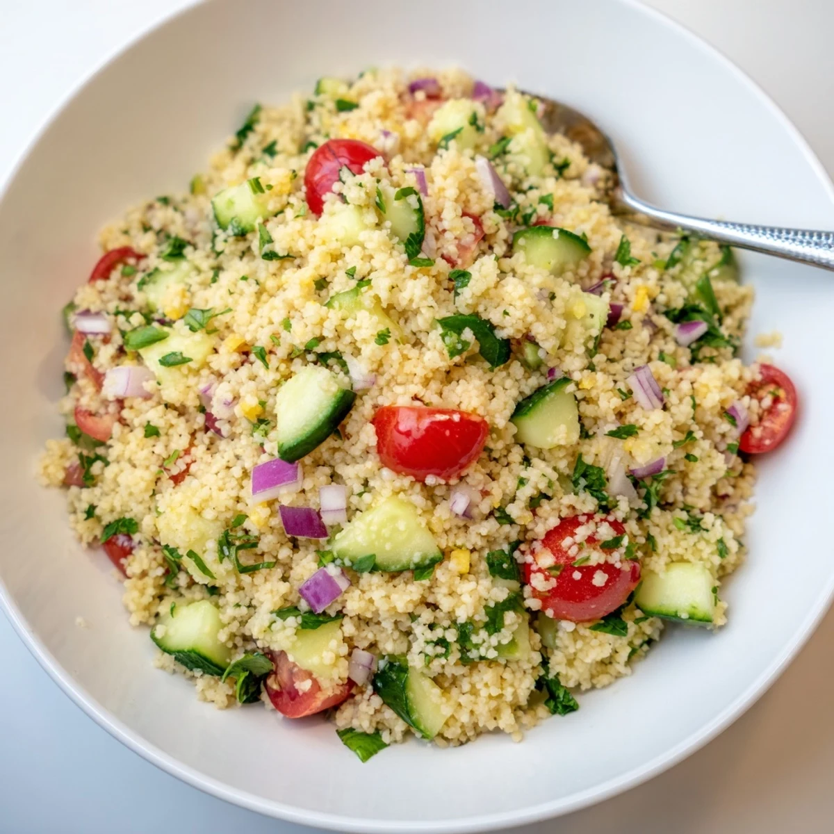 Chilled Cucumber Lemon Couscous Salad tossed with mint, parsley, juicy cherry tomatoes
