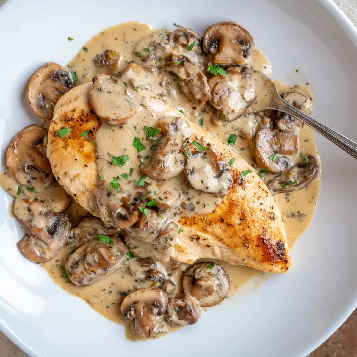 Skillet Chicken And Mushroom Sauce simmering, golden chicken breasts in creamy thyme sauce.