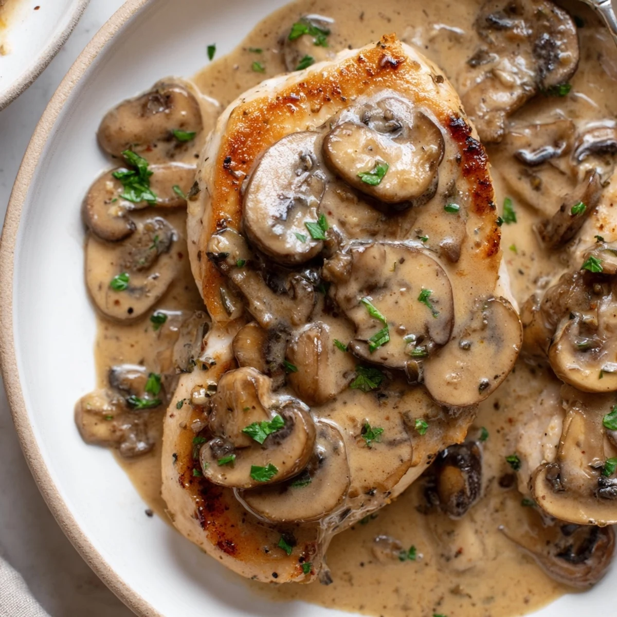 Skillet Chicken And Mushroom Sauce over buttery mashed potatoes, fragrant garlic aroma.