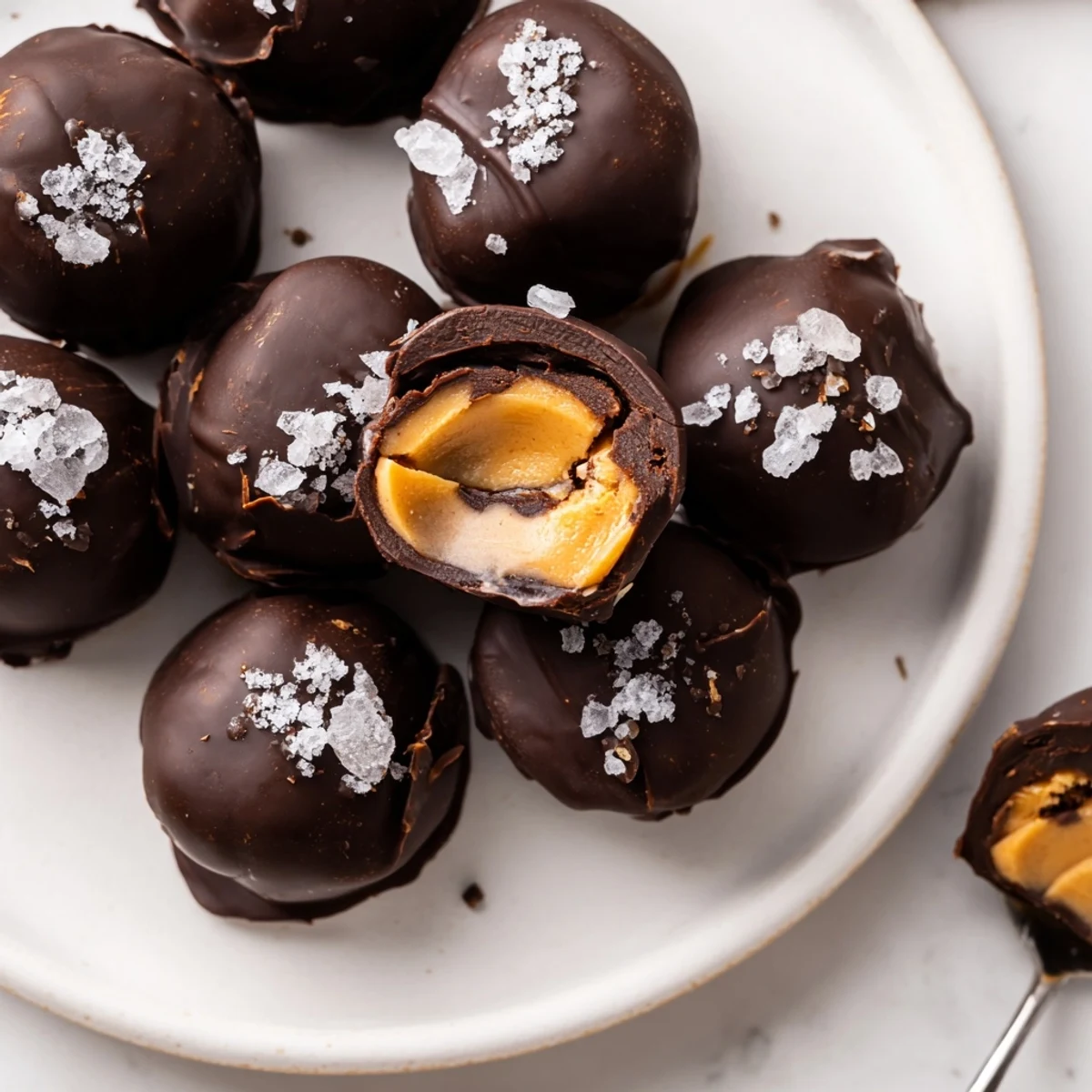Bite-sized Frozen Peanut Butter Greek Yogurt Bites Dipped In Dark Chocolate With Sea Salt