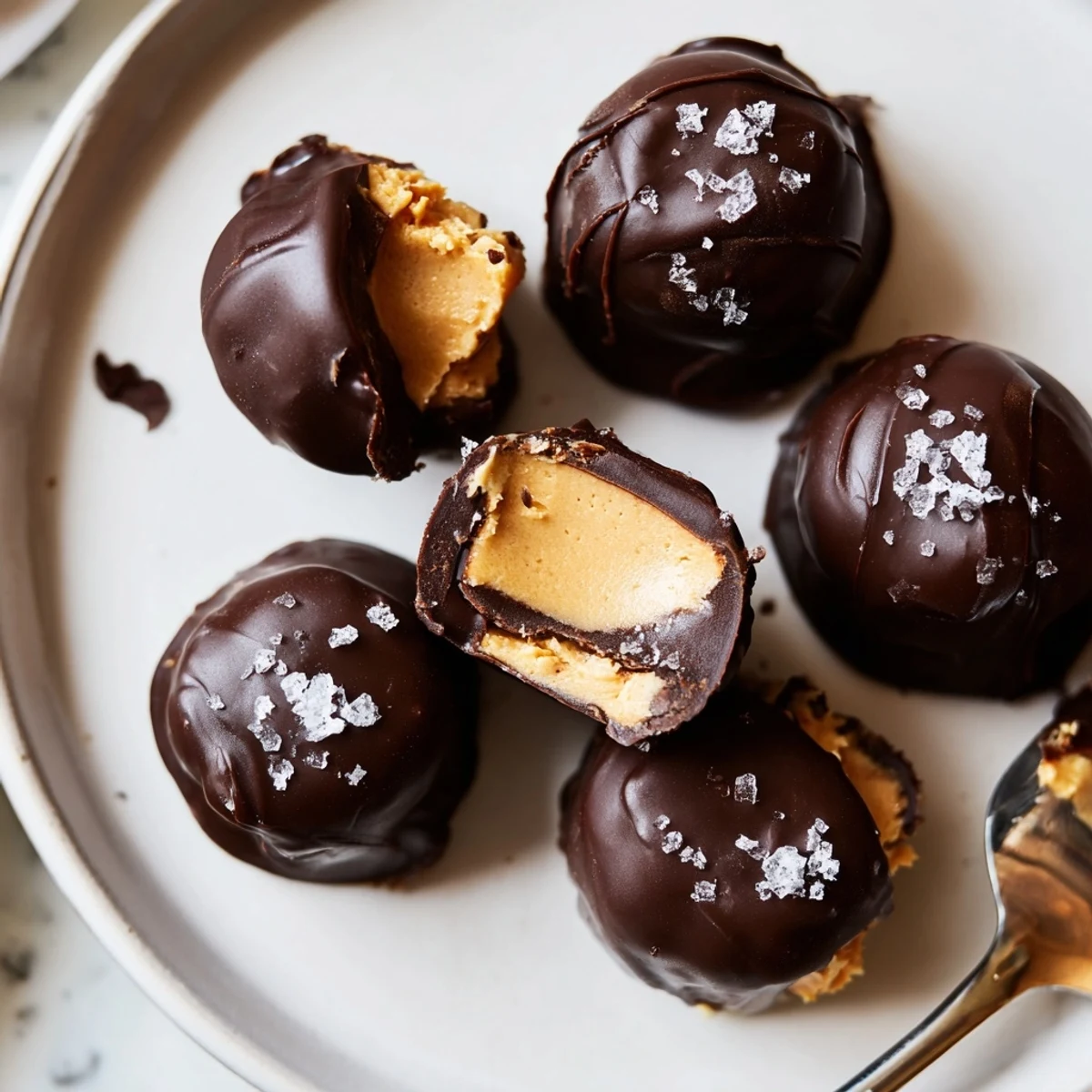 Frozen Peanut Butter Greek Yogurt Bites Dipped In Dark Chocolate With Sea Salt, chilled