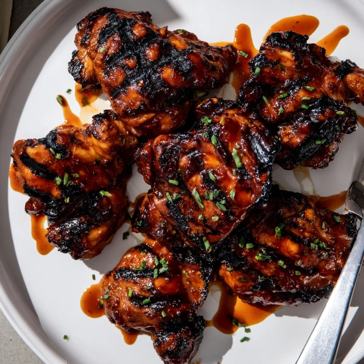 Juicy Grilled Honey Buffalo Chicken Thighs served hot with blue cheese dipping sauce