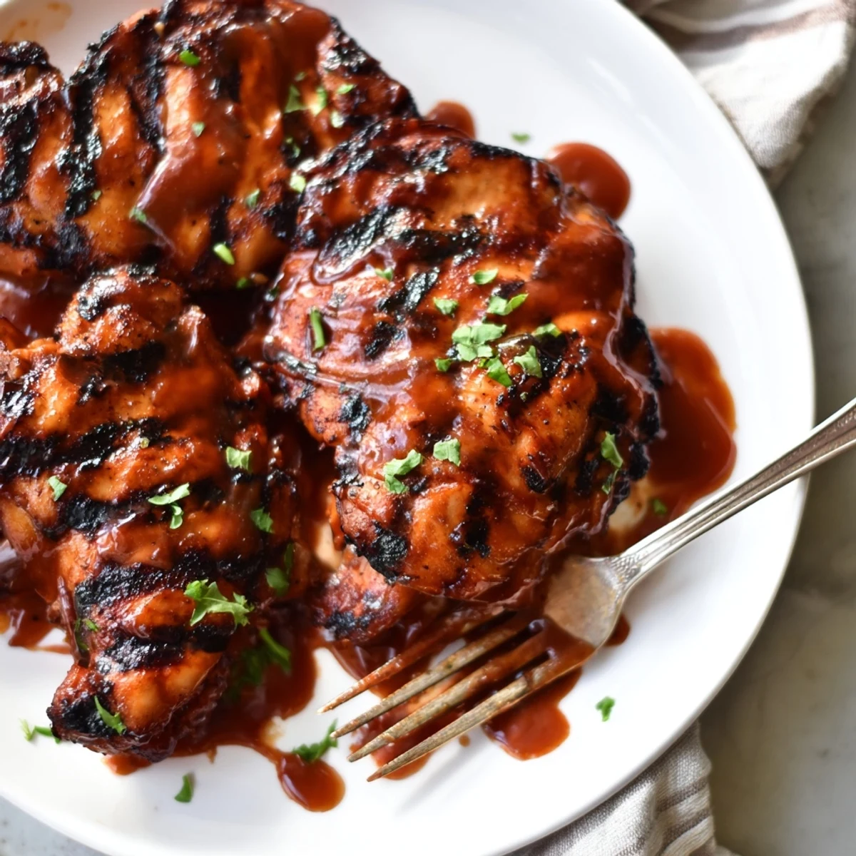 Grilled Honey Buffalo Chicken Thighs glistening with sticky sauce, grill marks visible