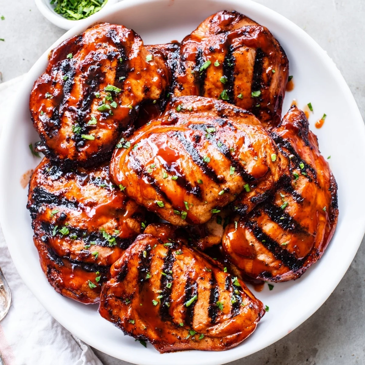 Smoky Grilled Honey Buffalo Chicken Thighs basted and garnished with chopped parsley