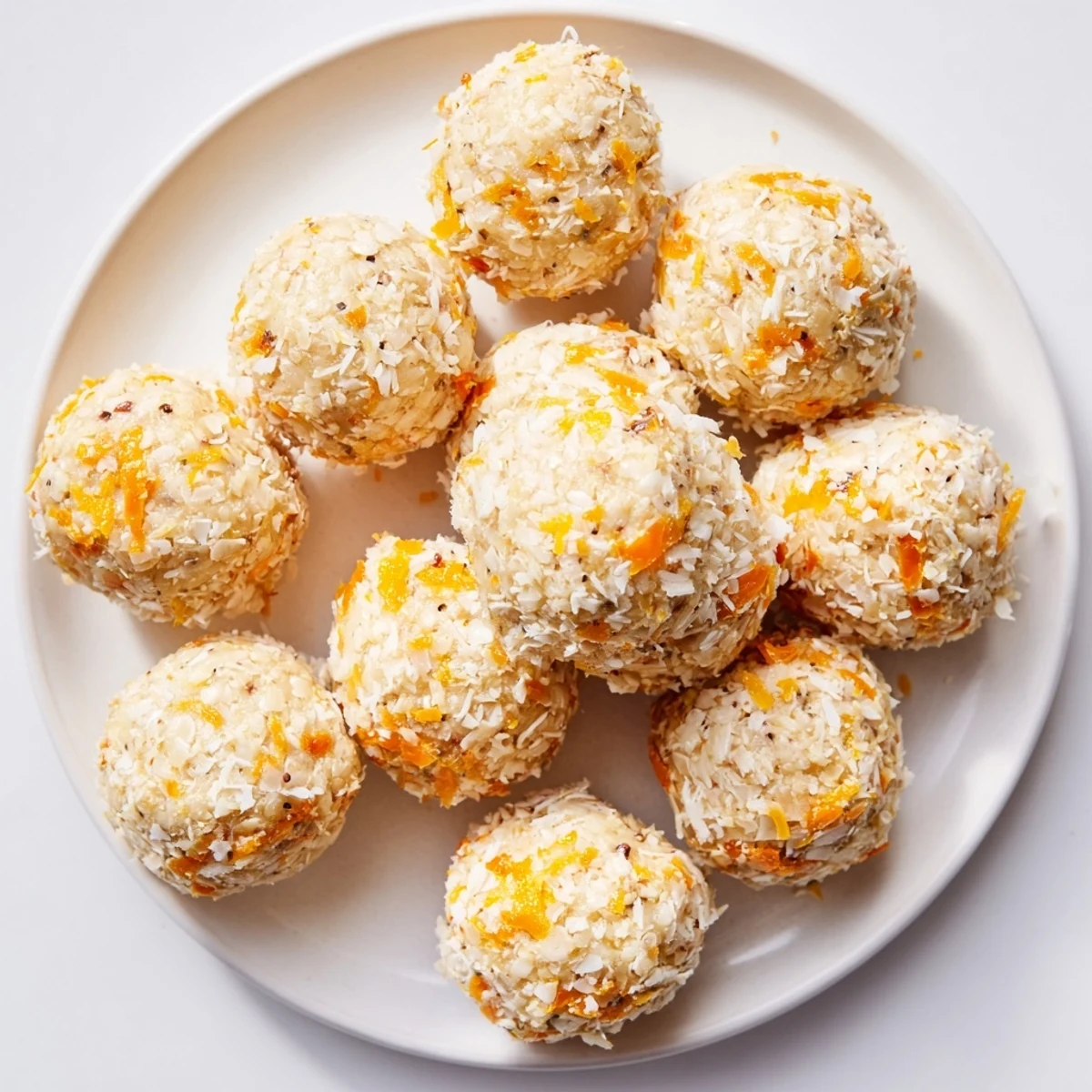 Citrus Bliss Bites for baby showers rolled in shredded coconut on a white serving platter