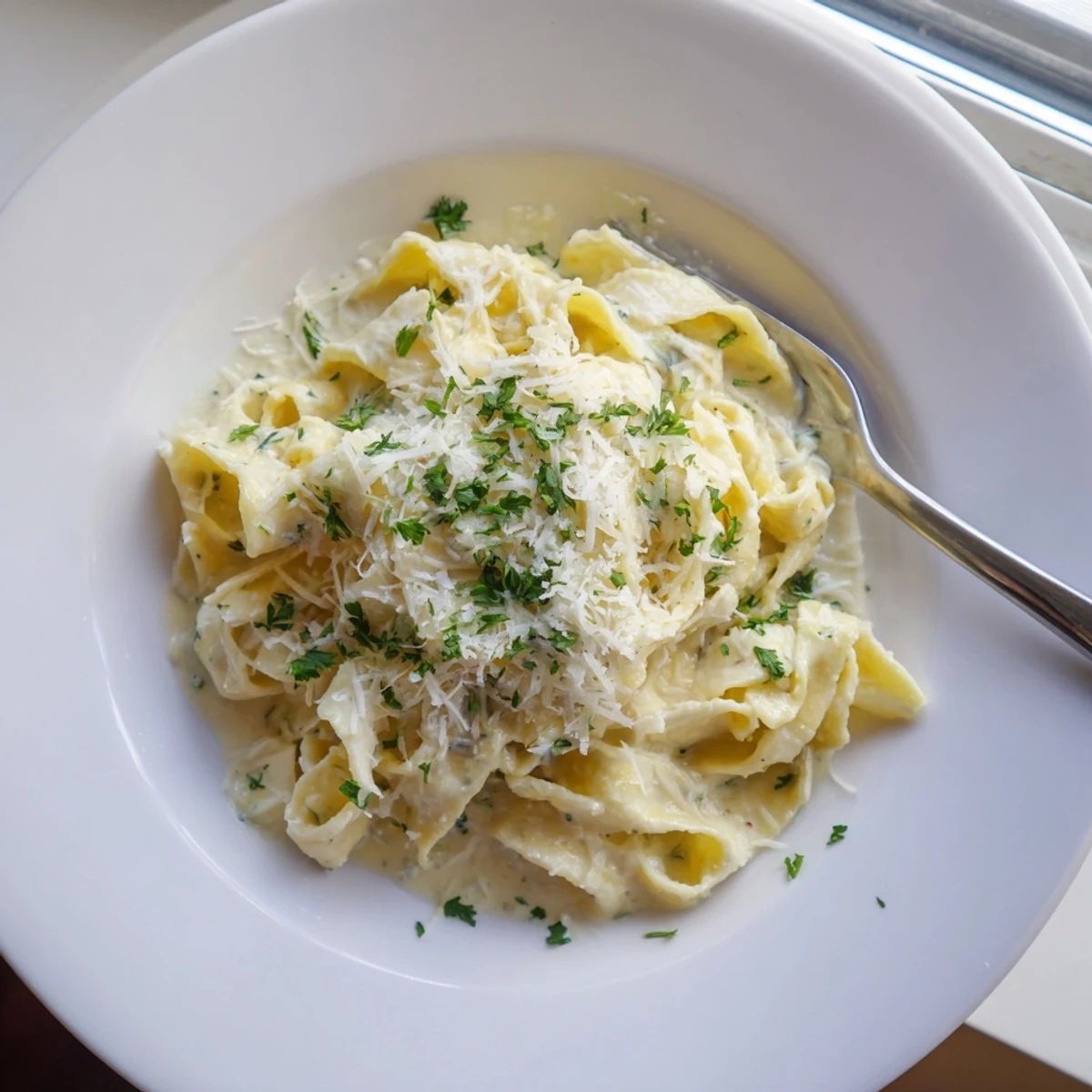 Golden wide egg noodles coated in a rich Parmesan cream sauce with fresh parsley garnish