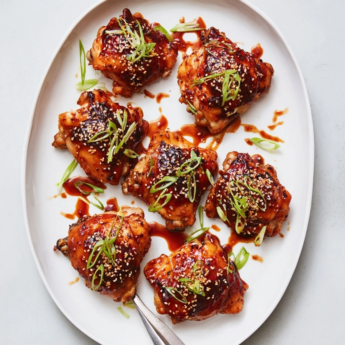 Golden bone in teriyaki chicken thighs glistening with sticky sweet glaze and sesame seed topping