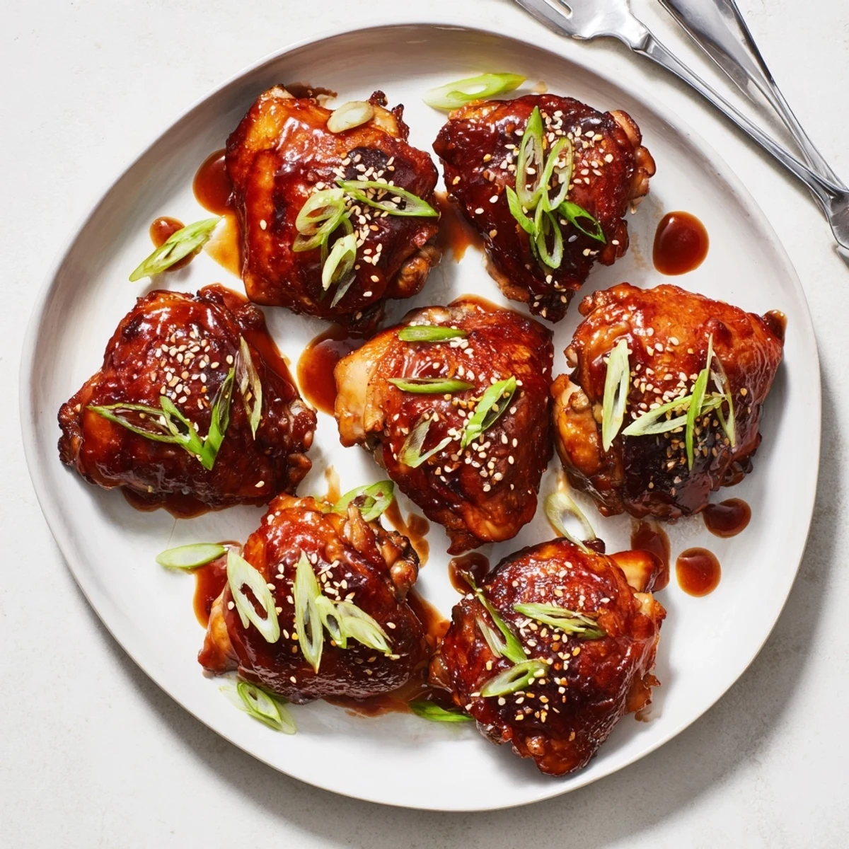 Oven roasted teriyaki chicken thighs arranged on white platter with sliced green onion garnish