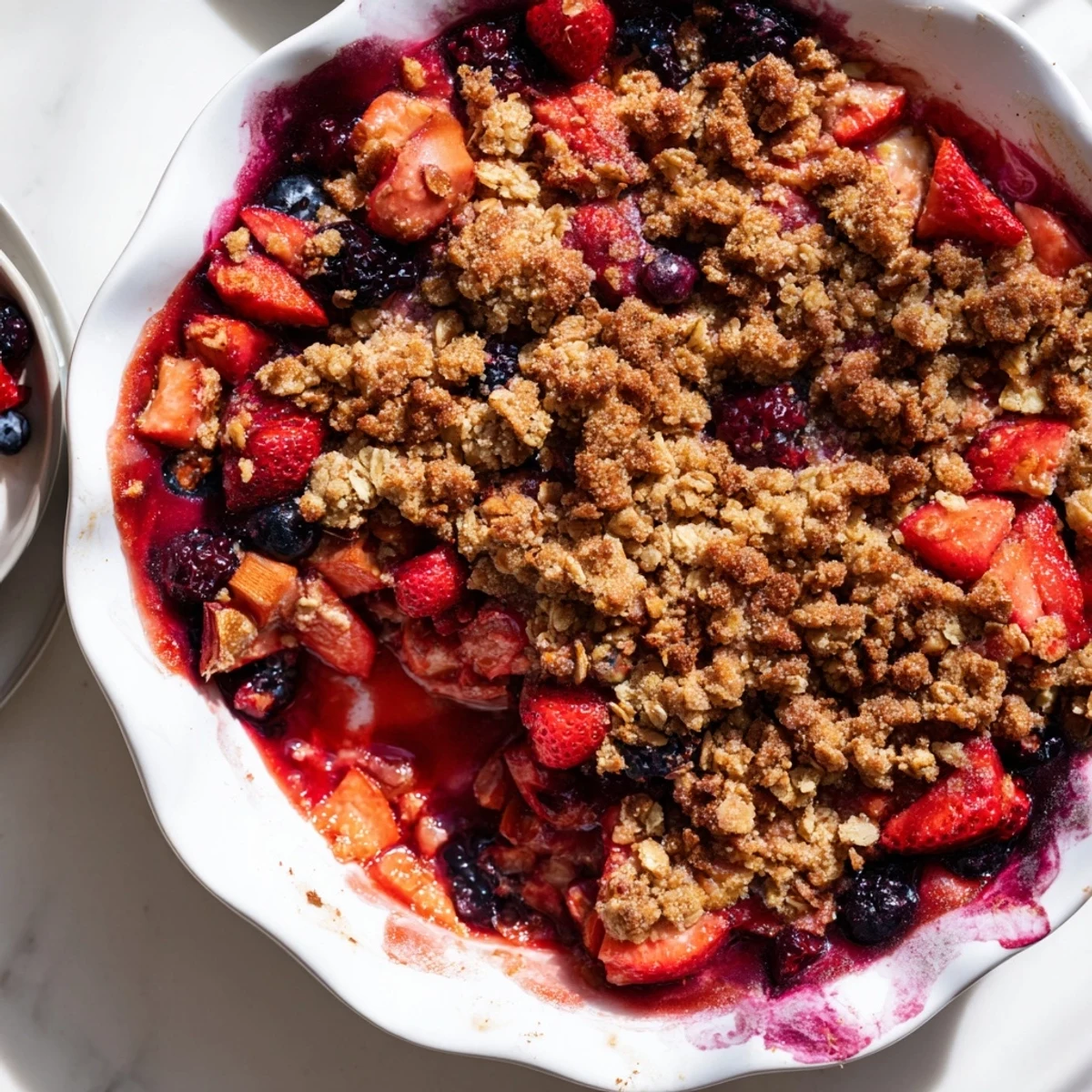 Golden berry rhubarb dream pie with bubbling fruit filling and buttery oat crumble topping freshly baked
