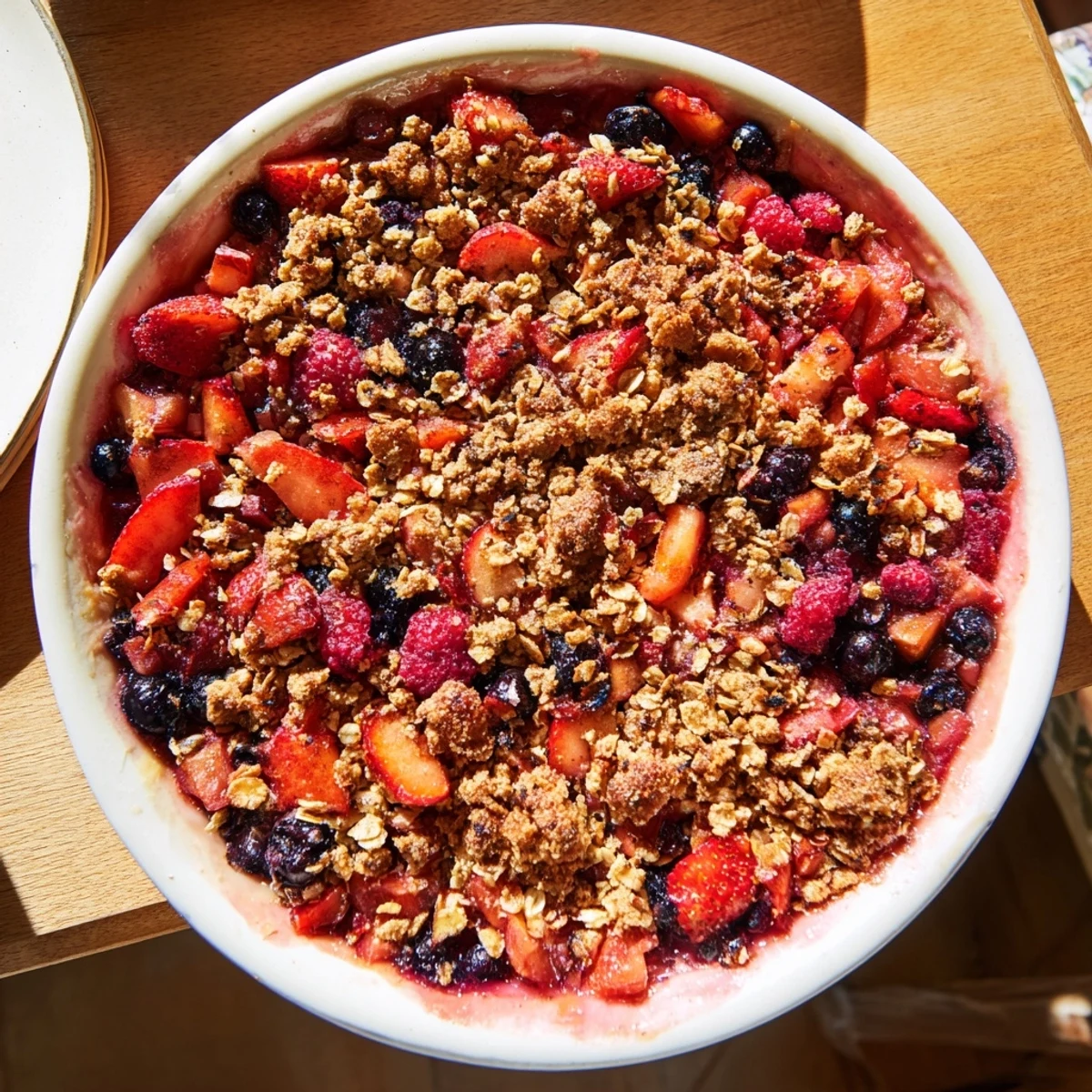 Homemade berry rhubarb dream pie served warm with scoops of vanilla ice cream on summer dessert plate