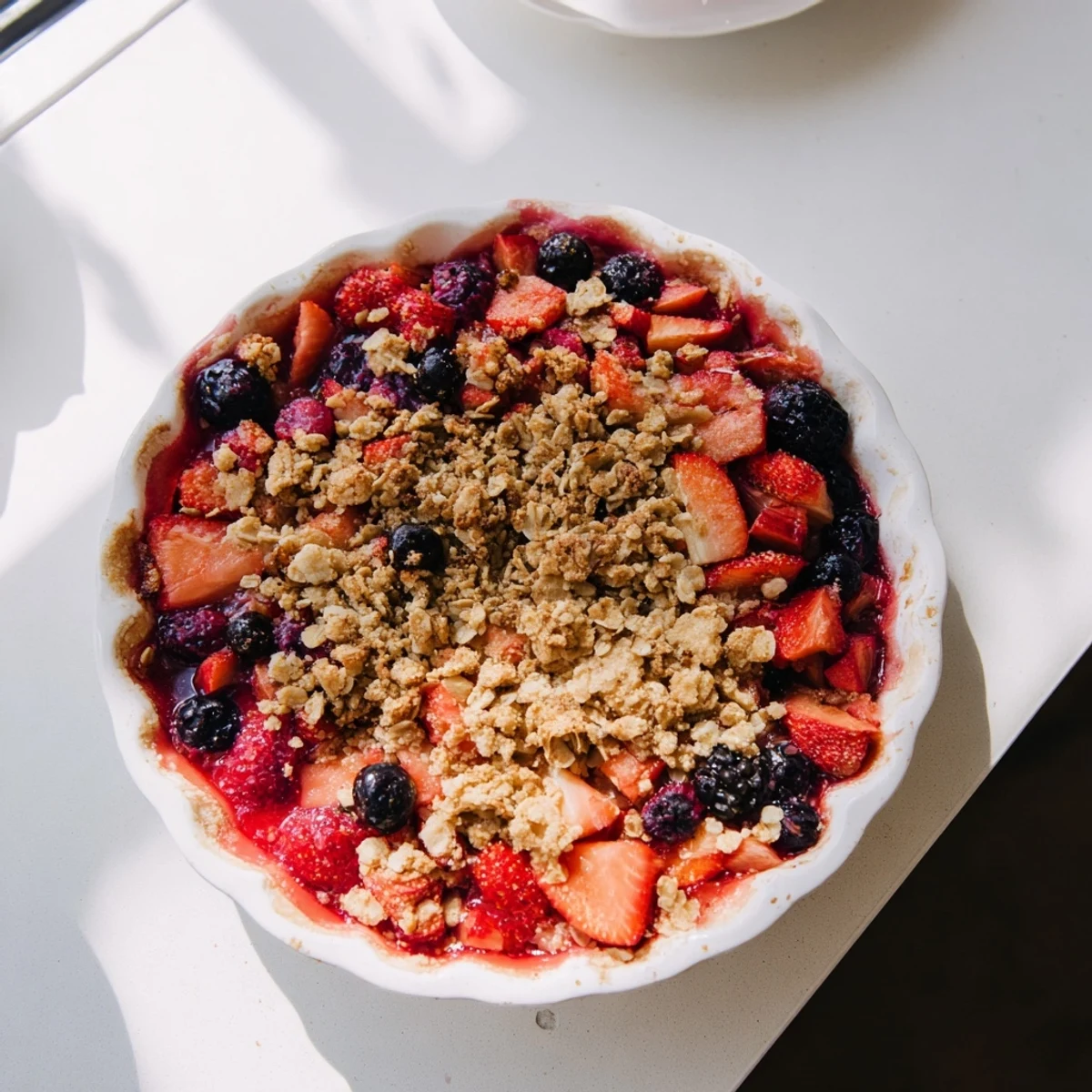 Sliced sweet berry rhubarb dream pie showing vibrant red fruit layers beneath crispy golden brown crumble