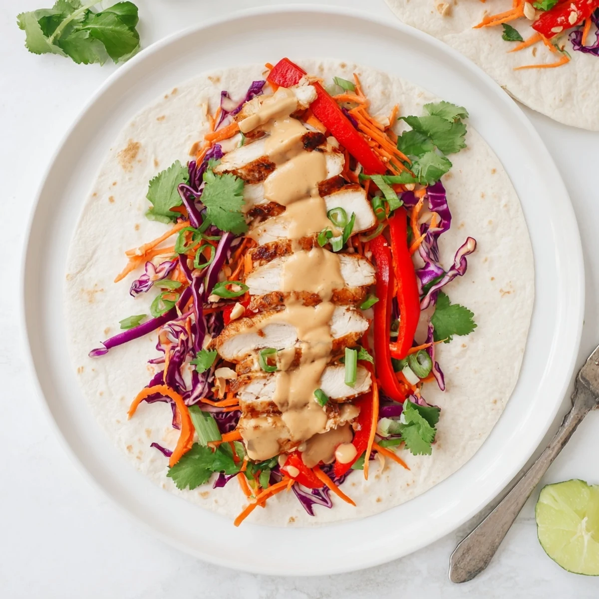 Freshly sliced Thai peanut chicken wraps filled with colorful shredded vegetables and drizzled with creamy peanut sauce on a white plate