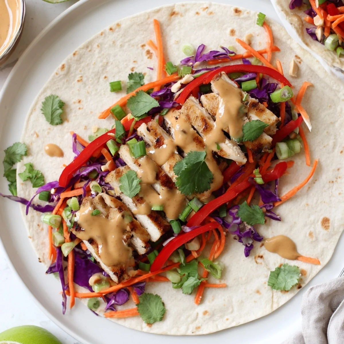 Handheld Thai peanut chicken wrap cross-section displaying layers of marinated chicken, vibrant vegetables, and rich peanut sauce garnish