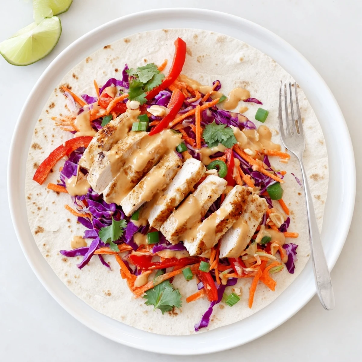 Golden flour tortilla wrapped around seasoned chicken strips, crisp red cabbage, carrots, and spicy peanut sauce ready for lunch