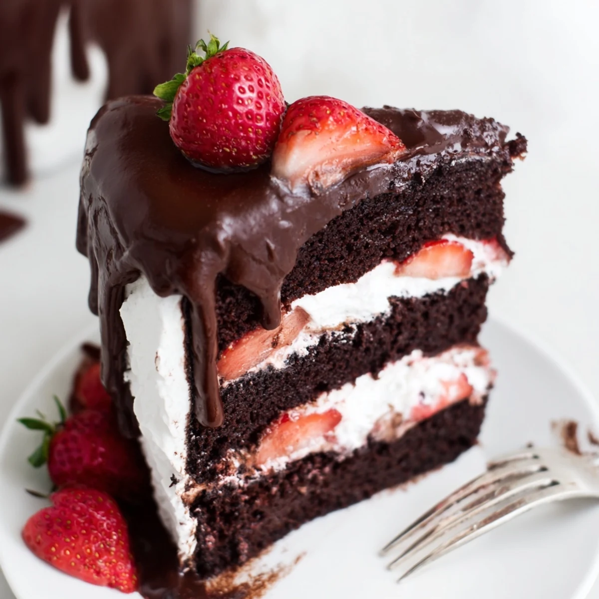 Luscious strawberry chocolate cake recipe with glossy ganache dripping down layered sides