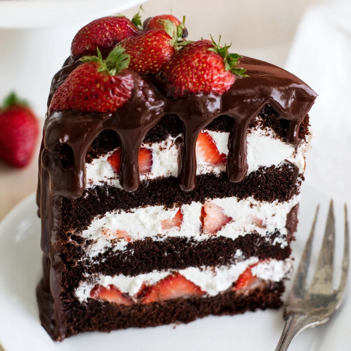 Decadent strawberry chocolate cake recipe showcasing fresh berry filling between moist chocolate layers
