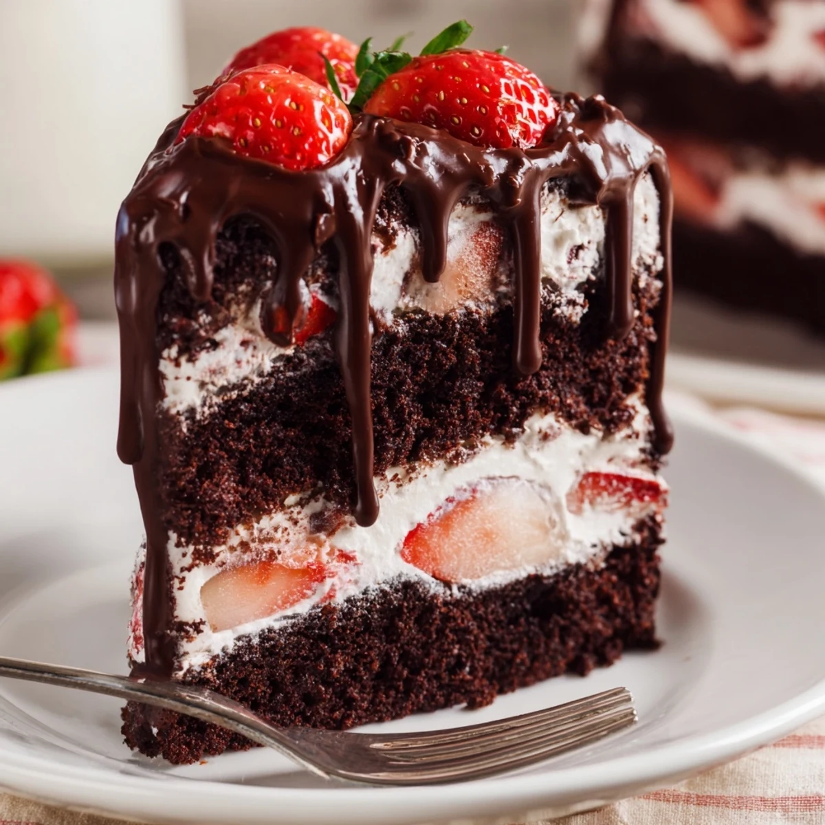 Elegant strawberry chocolate cake recipe topped with whipped cream and whole strawberry garnish