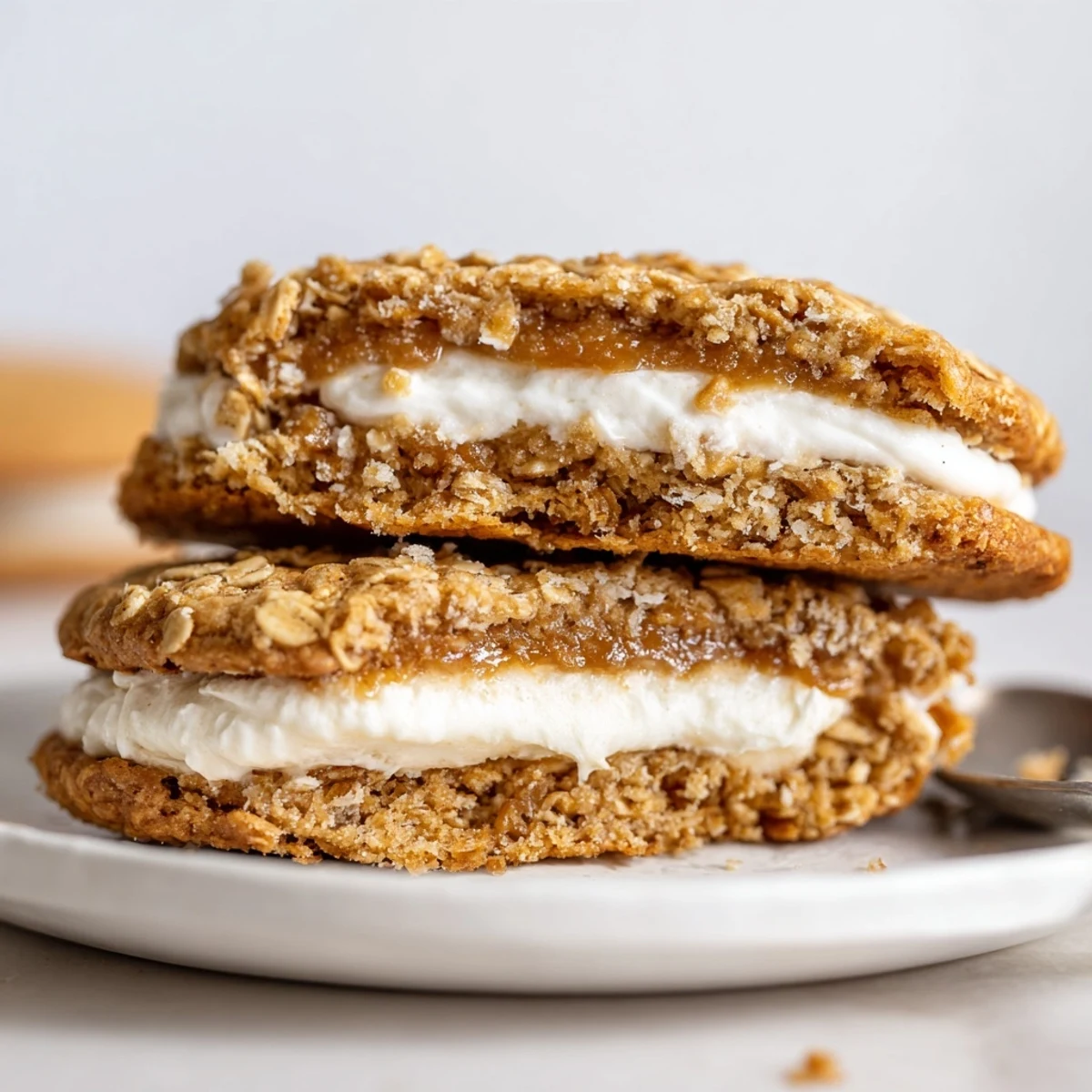 Warm Gluten Free Oatmeal Creme Pies with soft chewy cookies and creamy vanilla filling.