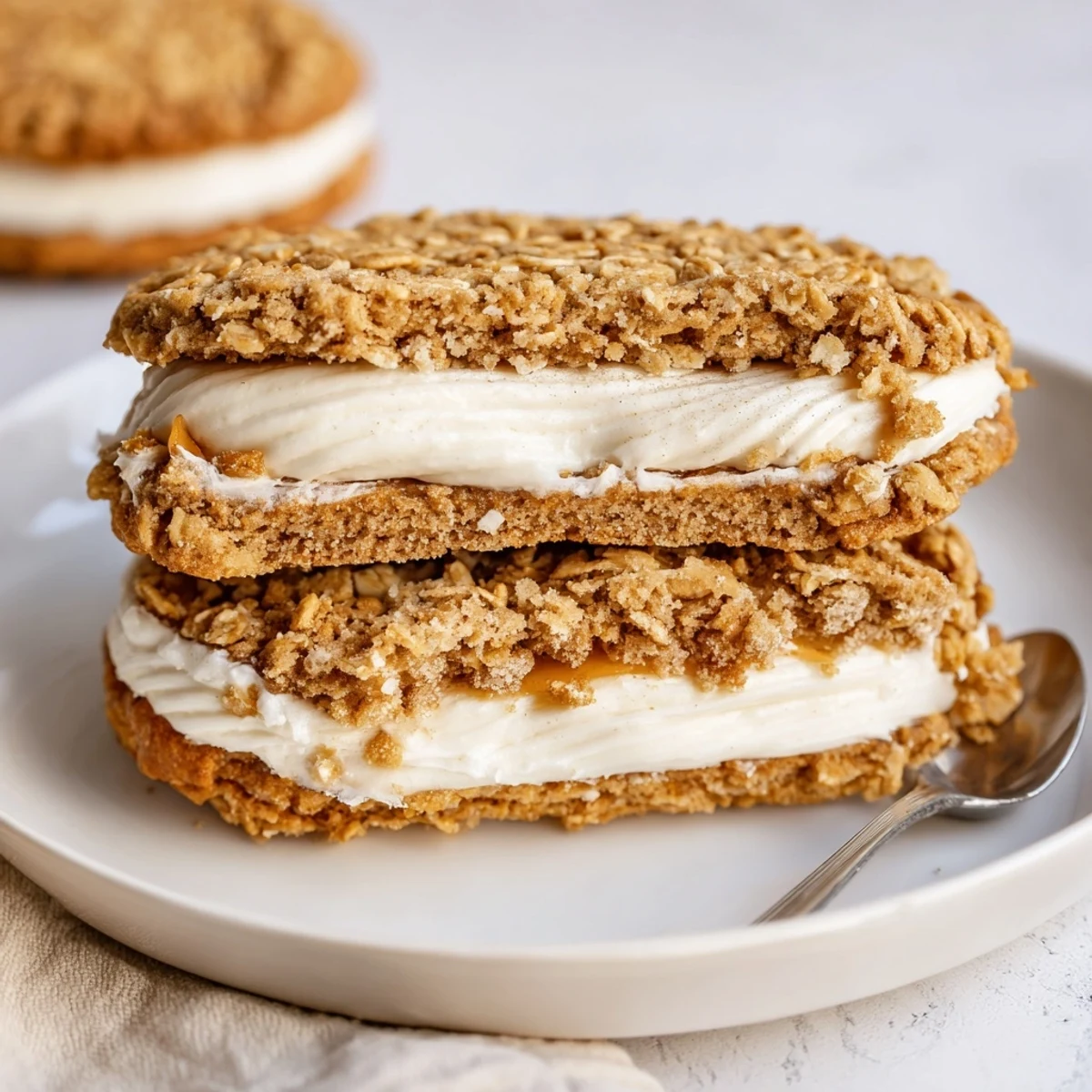 Hand assembling Gluten Free Oatmeal Creme Pies, piping fluffy vanilla filling between cookies.