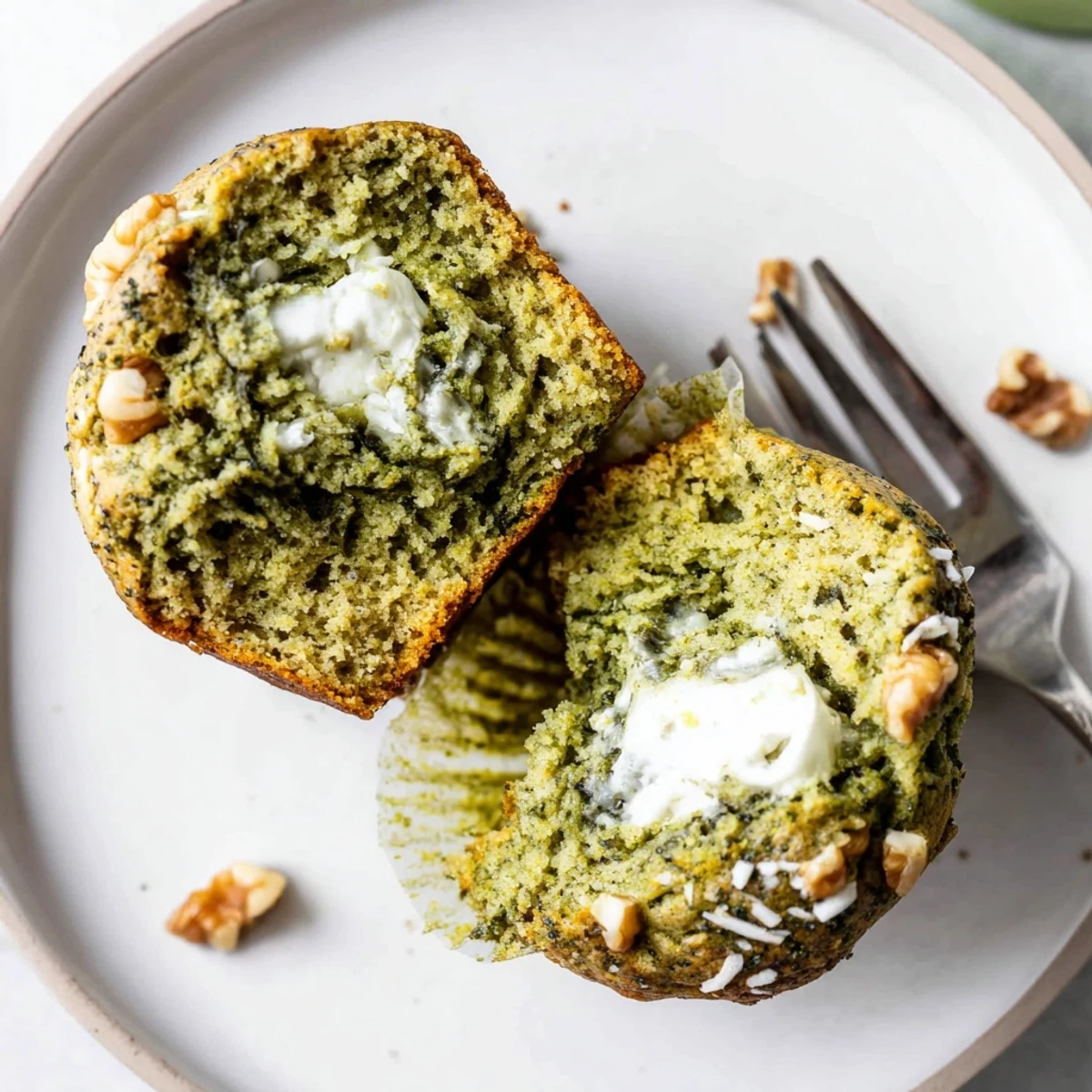Close-up of sliced Matcha Banana Coconut Muffins revealing tender green crumb.