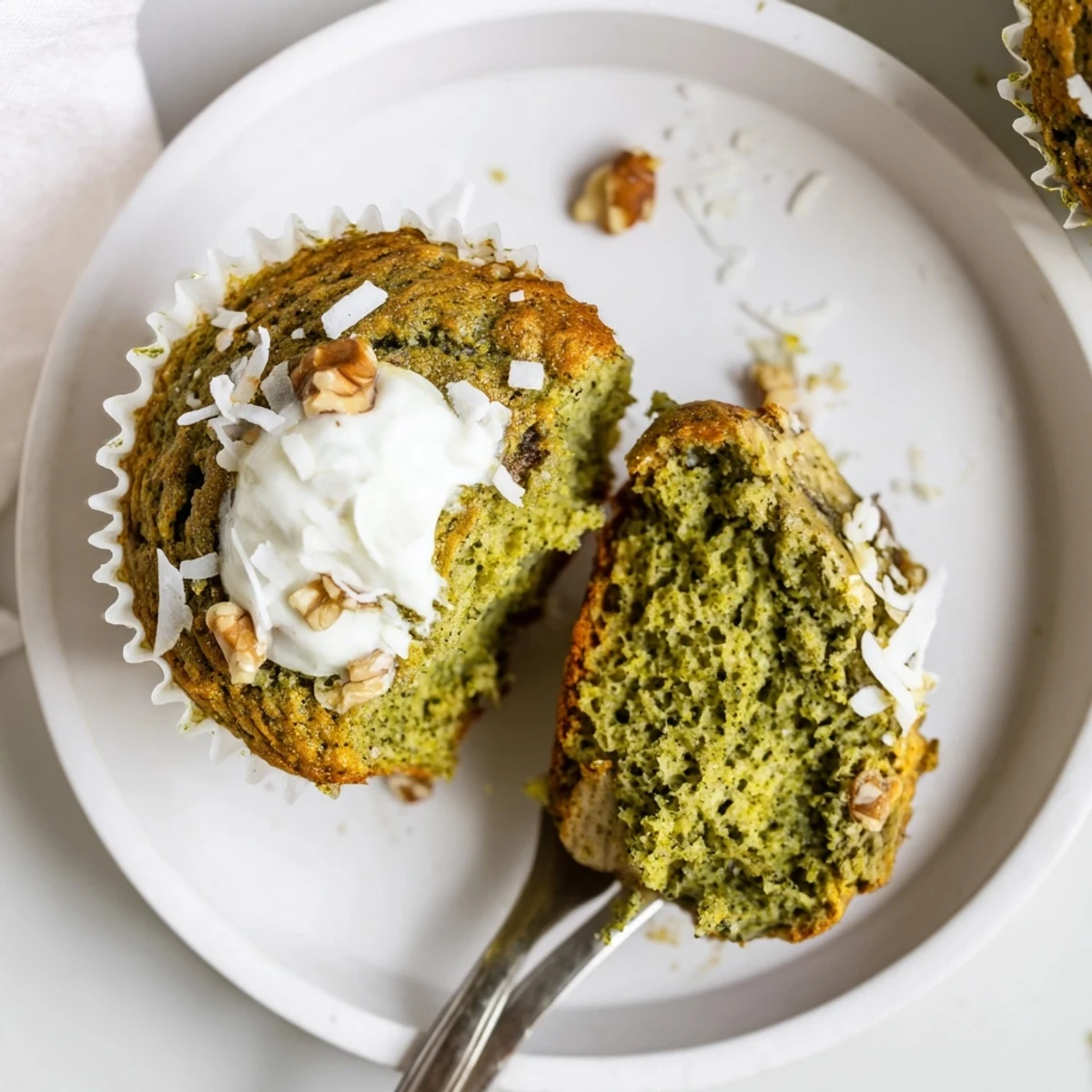 Warm Matcha Banana Coconut Muffins cooling on wire rack, coconut flakes glistening.