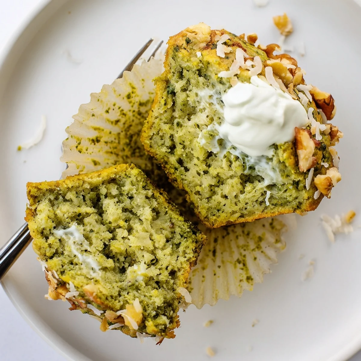 Plate of freshly baked Matcha Banana Coconut Muffins served warm with coconut yogurt.
