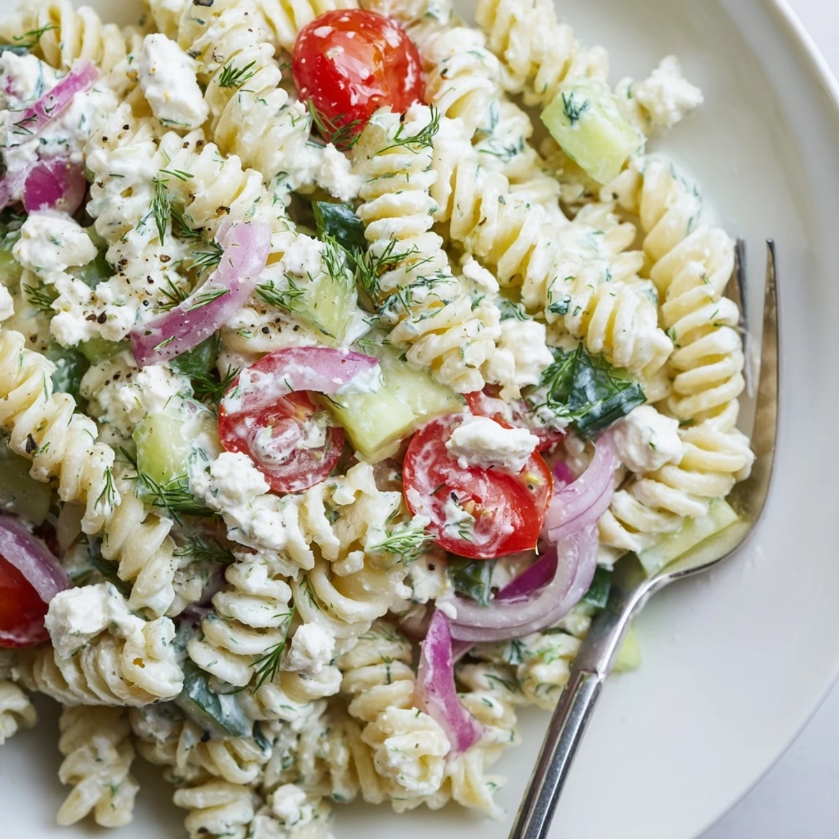 Tzatziki Pasta Salad Mix: creamy yogurt, crisp cucumber, chilled for summer picnics