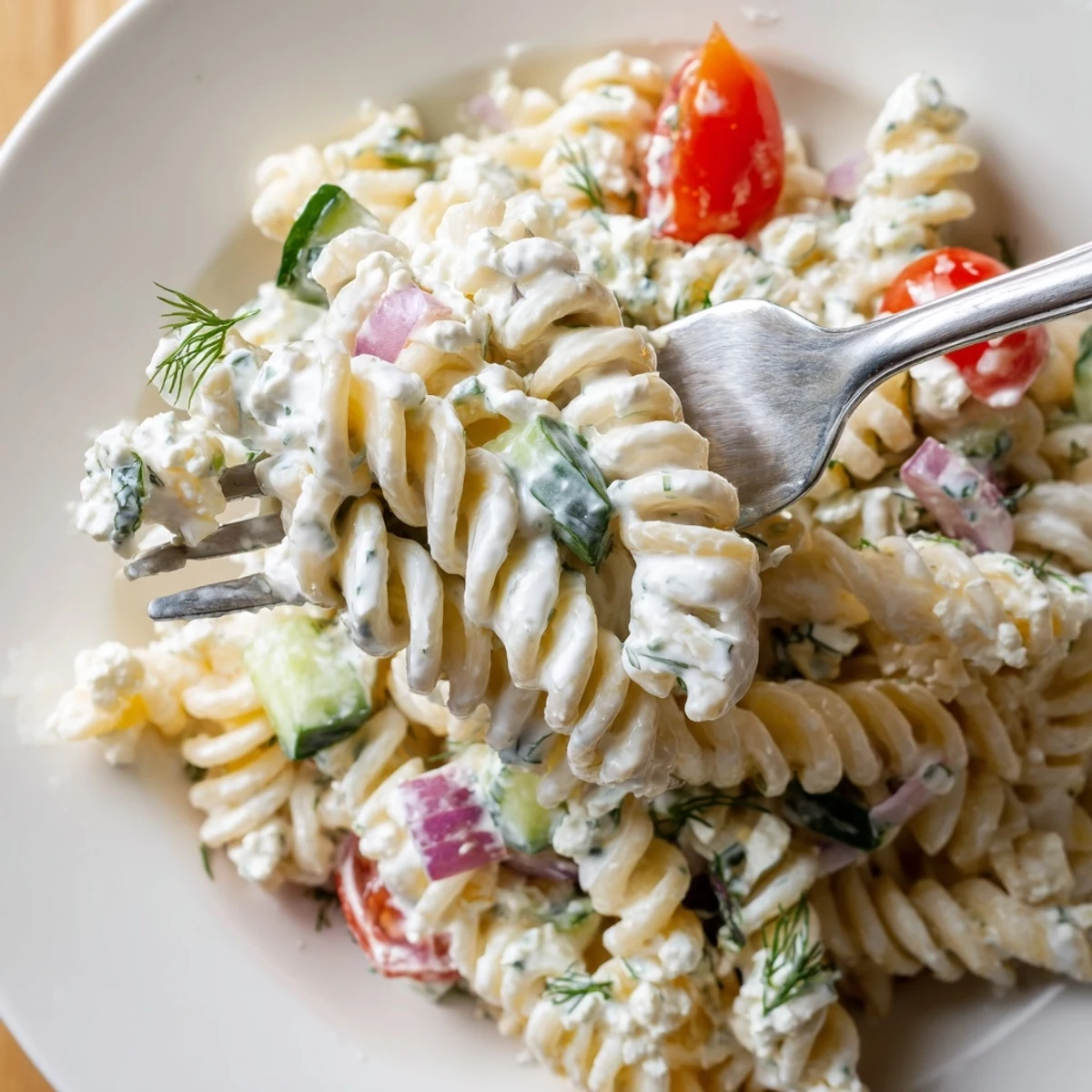 A bowl of Tzatziki Pasta Salad Mix tossed with feta, juicy tomatoes