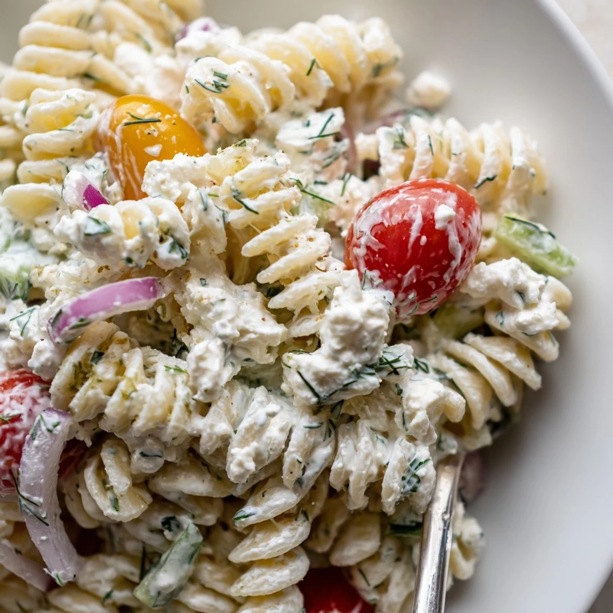 Chilled Tzatziki Pasta Salad Mix brightened with lemon, dill, and olive oil