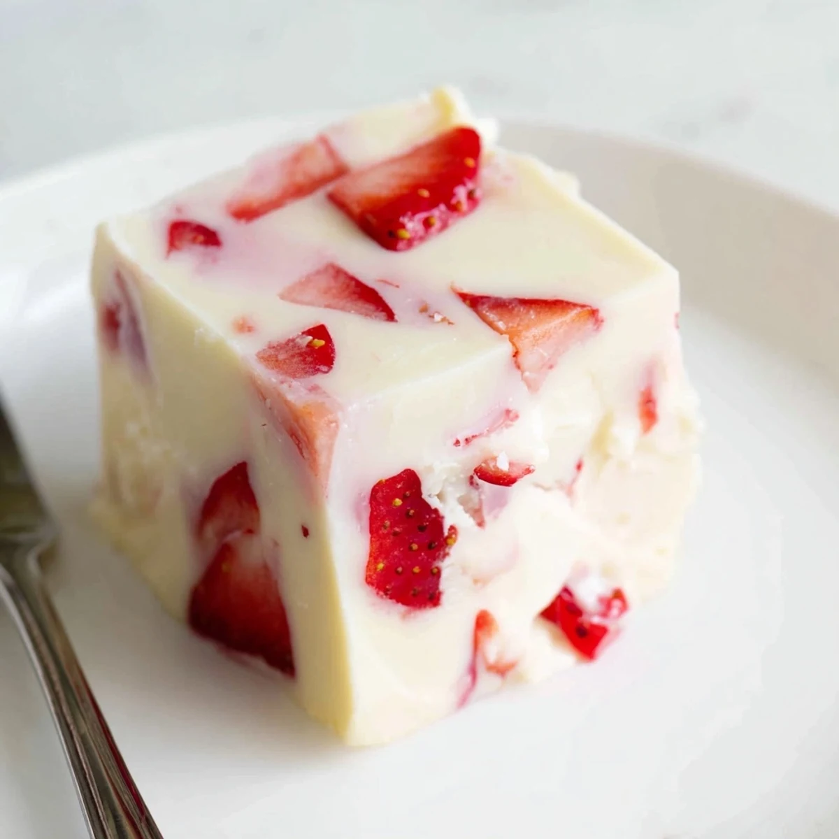 Chunky squares of Strawberries Cream Fudge Delight resting on parchment, soft texture