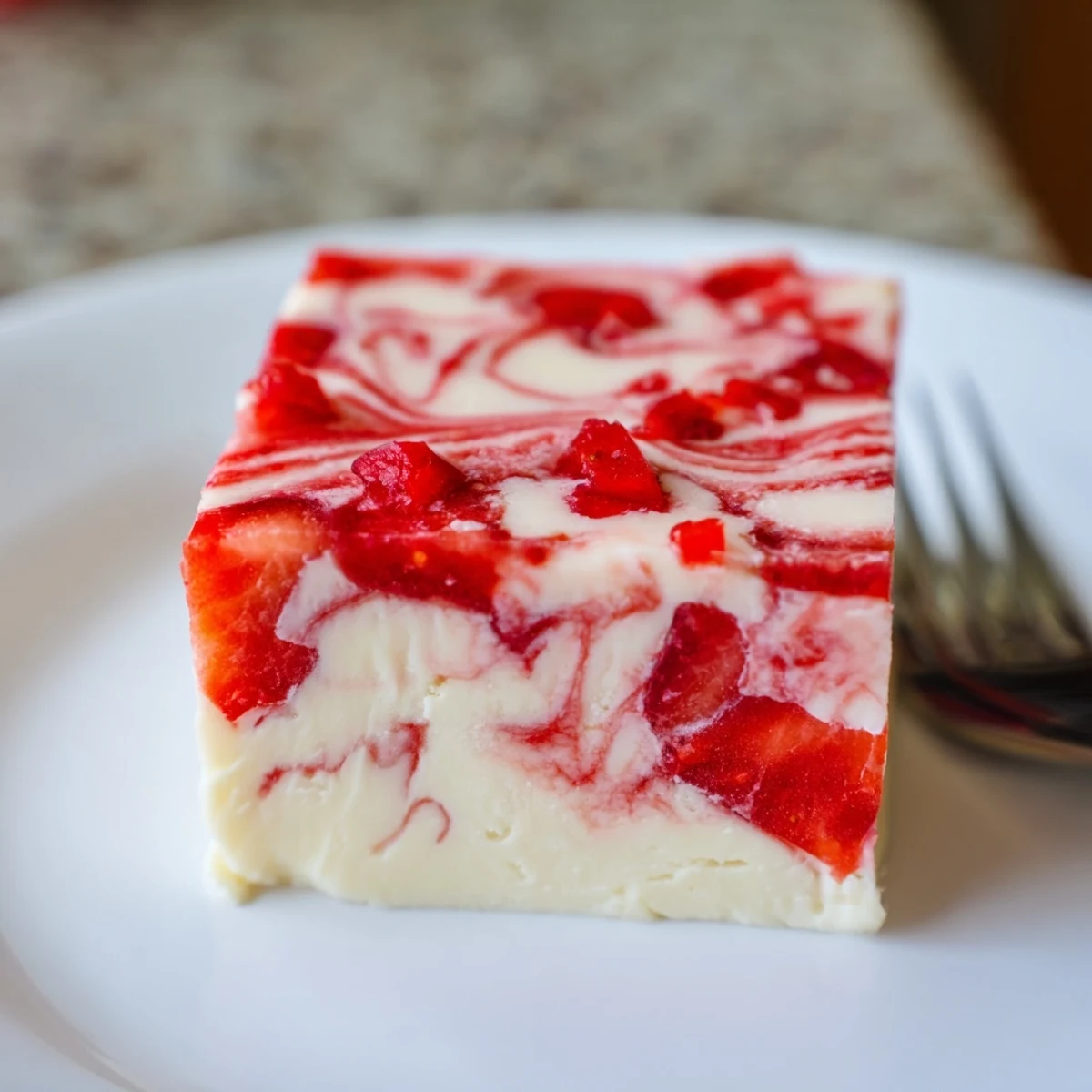 Serve Strawberries Cream Fudge Delight chilled, silky texture and bright strawberry bursts