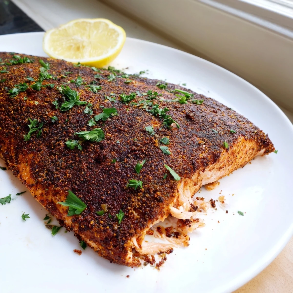 Oven Baked Cajun Salmon with a golden spice crust resting on a parchment-lined sheet