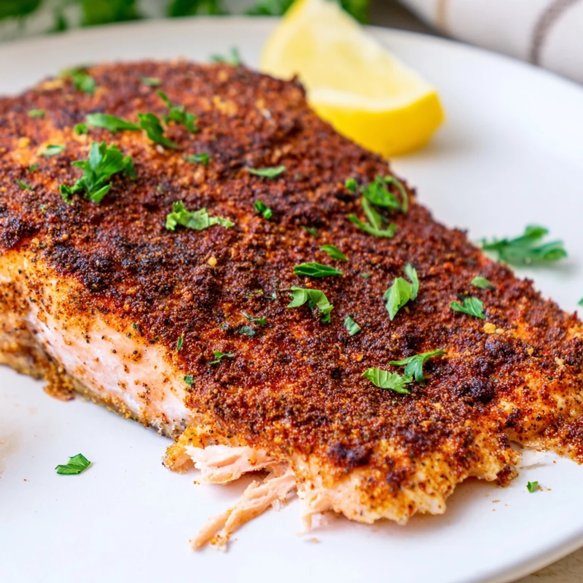 Juicy Oven Baked Cajun Salmon garnished with fresh parsley and bright lemon wedges
