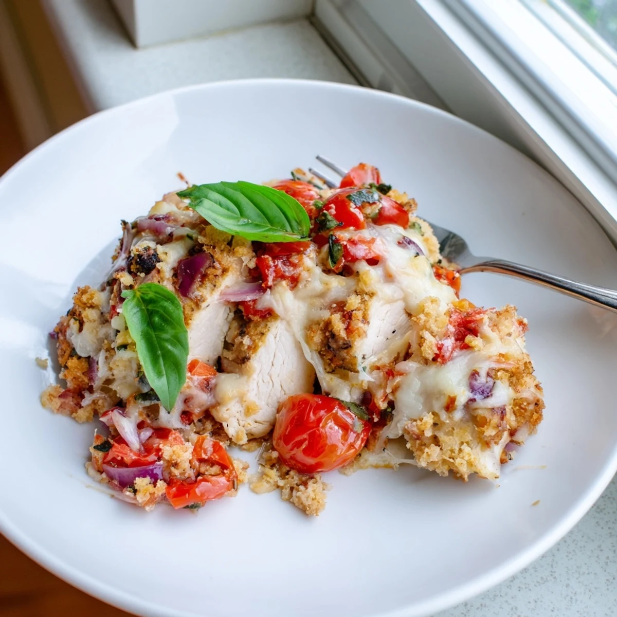 Golden baked chicken bruschetta casserole topped with melted mozzarella and fresh tomatoes