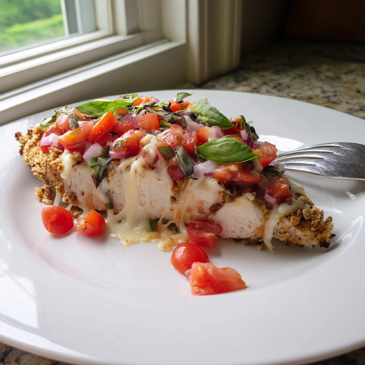 Juicy chicken breasts smothered in zesty tomato bruschetta topping with bubbling cheese crust